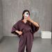 Women's Clothing Fashion Casual Suits Spring And Summer New Arrivals Wrinkled V Neck Temperament Sleeve Loose Tops And Pants Two Piece Suit_ecoleips.com