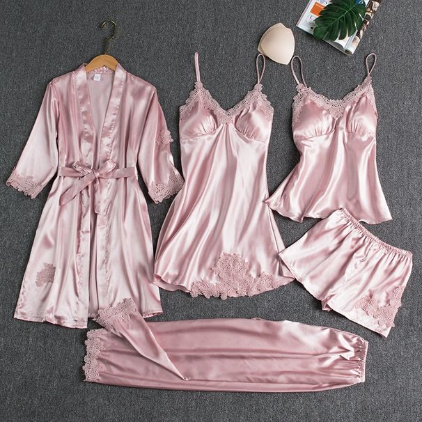 Women's Clothing Pajamas women summer ice silk sexy hot adult spring and autumn long sleeved thin women's nightgown five piece suit multi color_ecoleips.com