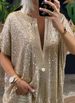 Women's New Loose Sequined V-neck Short-sleeved Casual Shirt_ecoleips.com