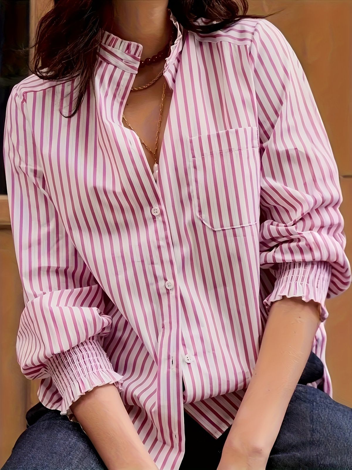 Women's Casual Fashion Long Sleeve Shirt Striped Ruffle Cardigan Top Spring Autumn_ecoleips.com