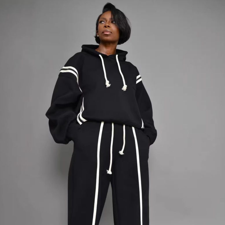 Women's Clothing Trendy Two-Way Convertible Hooded Top & Drawstring Pants Set - Sleeveless/Long Sleeve, Color Block Design (Black/White, Black/Grey)_ecoleips.com