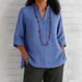 Women's Clothing V Neck Three Quarter Sleeve Cotton And Linen Loose Casual Shirt_ecoleips.com
