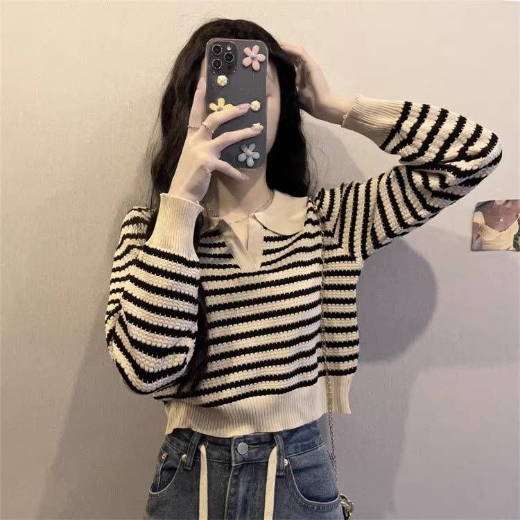 Color Contrast Striped Polo Collar Long Sleeve T-shirt Women's Large Size Spring And Autumn Knit Base Shirt Thin Short Top Winter_ecoleips.com