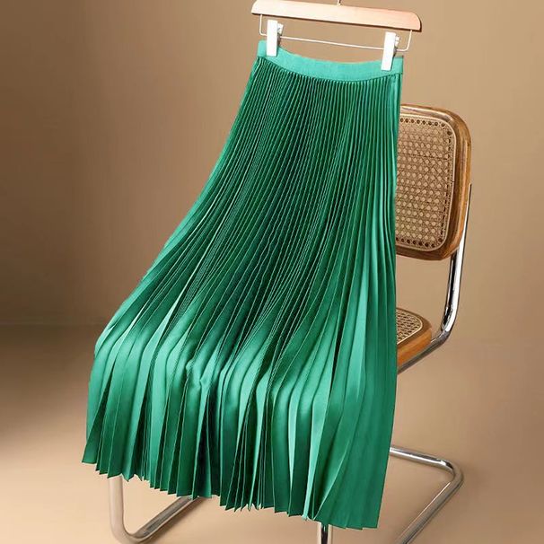 Satin High-grade Solid Color Pleated Skirt Summer Thin Mid-length Over-the-knee High-waist A-line Skirt_ecoleips.com
