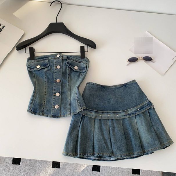 Retro Denim Strapless Vest And Pleated Skirt Two-Piece Set For Women Slim Fit Summer Outfit Youthful And Flattering_ecoleips.com