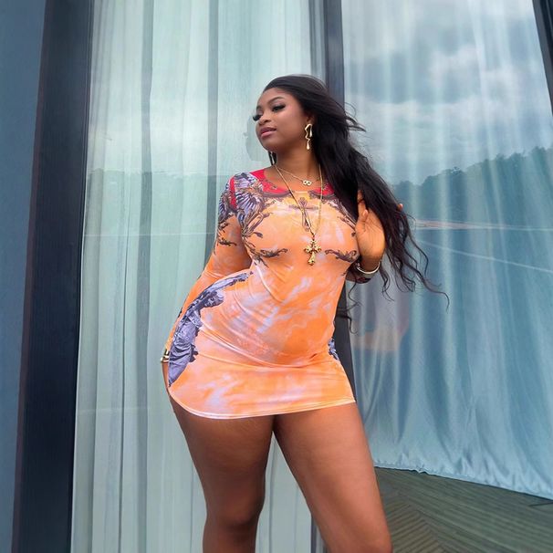 Women's Clothing Women's Mesh Printed Round Neck Short Dress With Long Sleeves Style Bodycon Slim Fit For Formal & Casual For Women_ecoleips.com