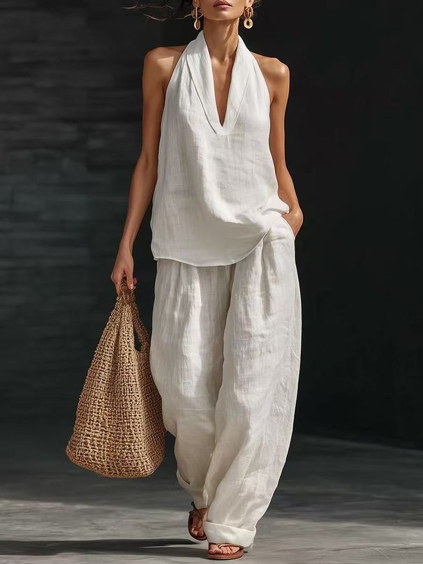 2026 New European And American Style Sleeveless Loose Shoulder Set For Women's Summer Casual Wide Leg Pants, Two Piece Set, Fashionable Trendy Style_ecoleips.com