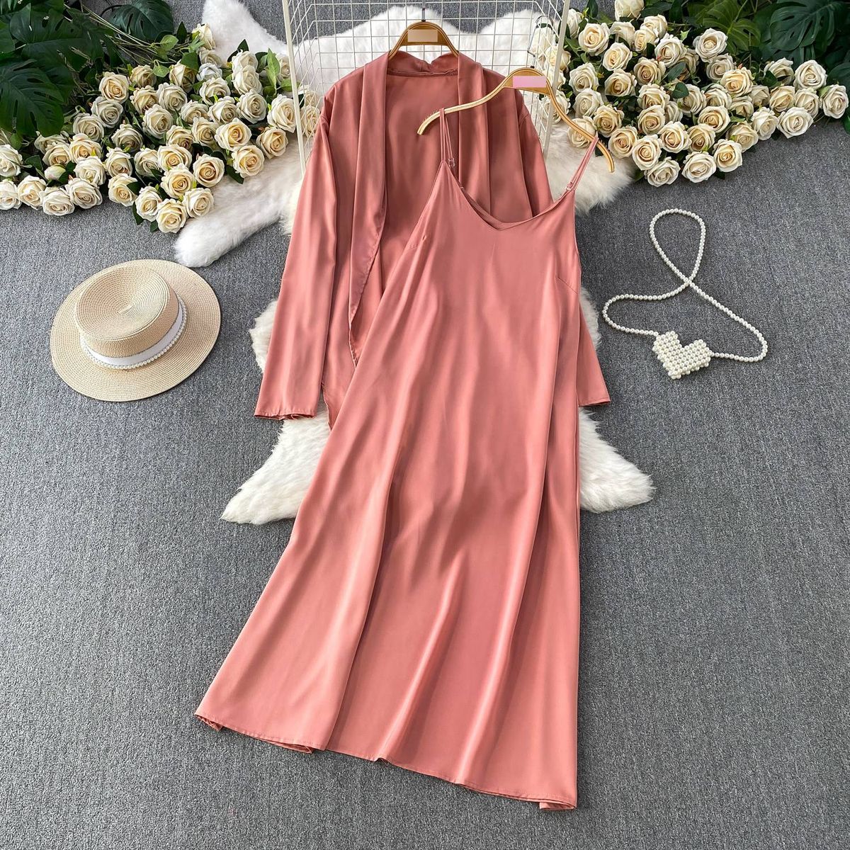 Women's Clothing Elegant Mid-Length Coat Set With Shawl And Tie Details Loose Fitting Satin Slip Dress For Women_ecoleips.com