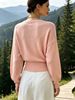 Blush Pink Deep V Wrap Pit Rib Knit Sweater, Loose Lightweight Breathable Soft Skin-touch Long Sleeve Waist Cuff Pullover_ecoleips.com