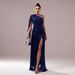 Verve Women's New High-End One-Shoulder Asymmetric Neck Long Sleeve Slim Fit Split Evening Dress_ecoleips.com