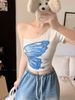 Hot Girl's Off-Shoulder Butterfly Print Short T-Shirt For Spring Summer With Chest Pads, Extremely Beautiful And_ecoleips.com