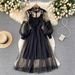 Women's Clothing Three Dimensional Flower Mesh Temperament Stand Up Collar Lantern Sleeves High Waist Slim Suspender Two Piece Suit Fairy Dress_ecoleips.com