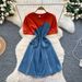 Women's Clothing Fashion Design Two Piece Dress Summer Short Sleeved Patchwork Waist Zipper Denim Mid Length Skirt_ecoleips.com