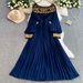 Women's Clothing High Quality! Elegant Lady Heavy Work Show Pearl Sequin Round Neck Dress Dress Female Waist Slim Pleated Long Skirt_ecoleips.com