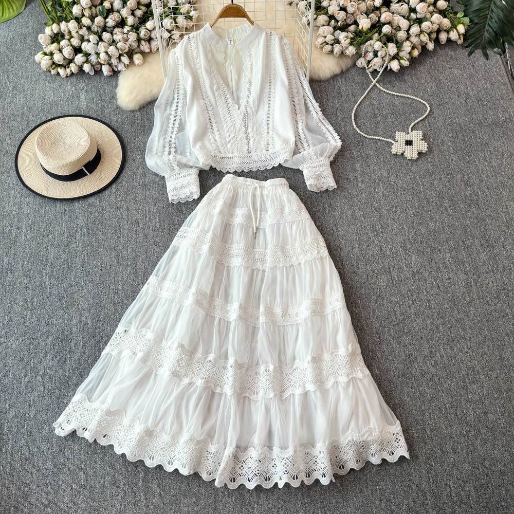 Women's Elegant Midi Dress Set - Lace-Trimmed Polyester Blend, Bubble Sleeve (White/Black/Green/Khaki, M-XXL)_ecoleips.com