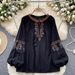 Retro Artistic Fashionable Heavy Duty Embroidered Tie Waist Lantern Sleeve Loose Fit Casual Vacation Blouse For Women New Style Versatile Top_ecoleips.com
