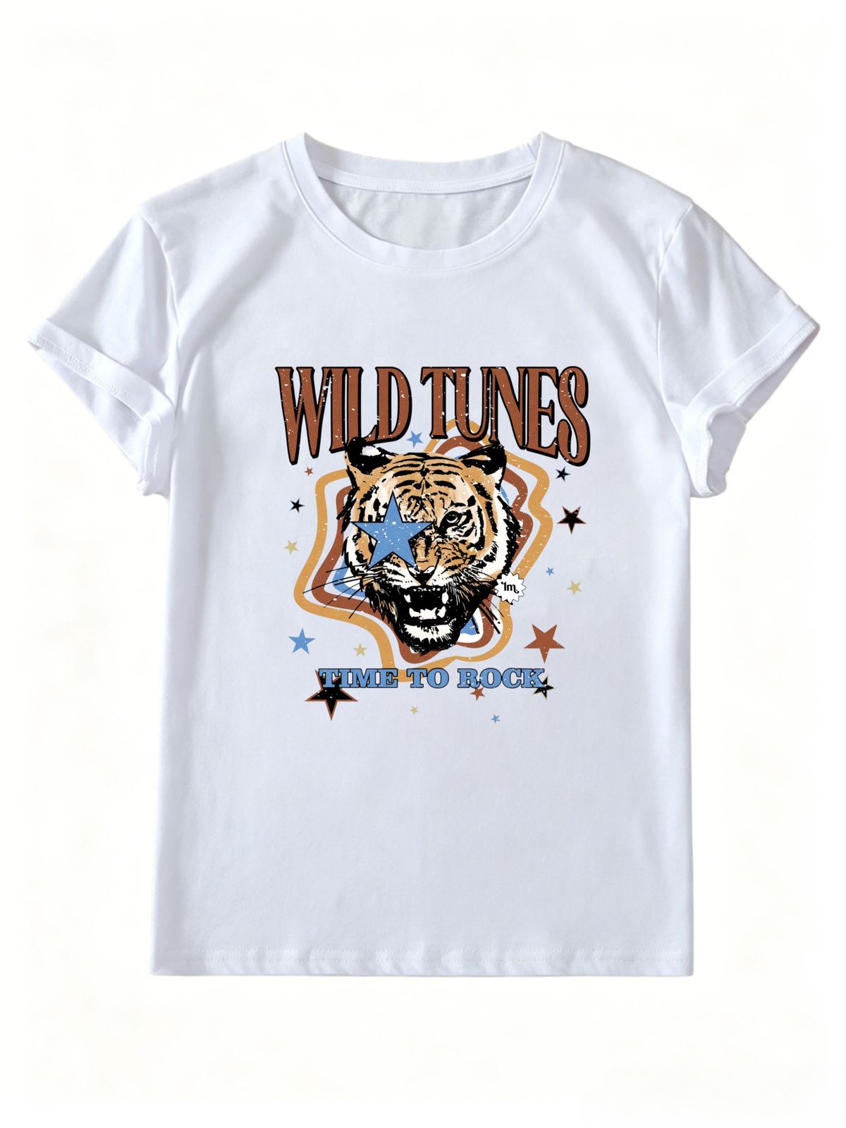 Wild Tunes Time To Rock Retro Tiger Star Graphic Women Short Sleeve Rock Streetwear T-Shirt_ecoleips.com