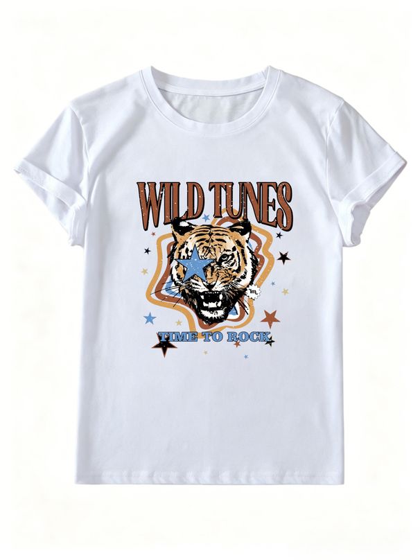 Wild Tunes Time To Rock Retro Tiger Star Graphic Women Short Sleeve Rock Streetwear T-Shirt_ecoleips.com