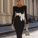 Women's Clothing Long Sleeve V Neck Solid Color Bow Tie Dress Bodycon Maxi Skirt_ecoleips.com