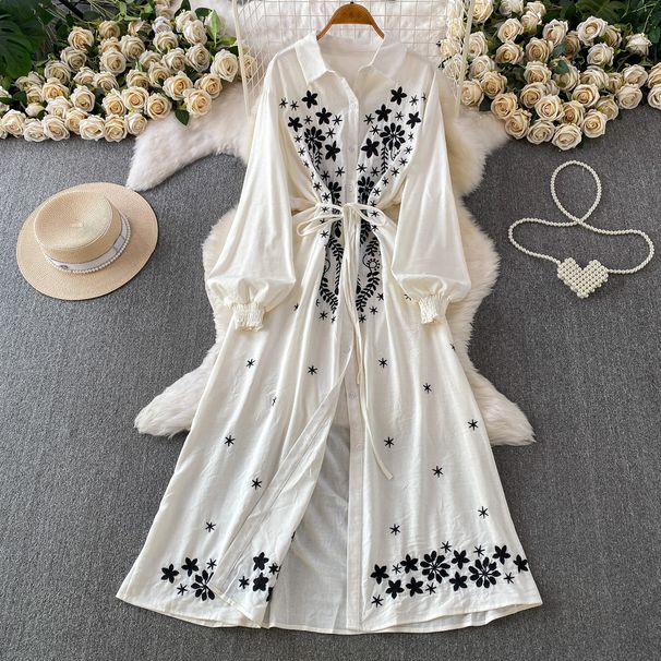 Women's French Retro Long Sleeve Dress Heavy Embroidery Lapel Loose Fit Slimming Casual Cardigan Summer Dress_ecoleips.com