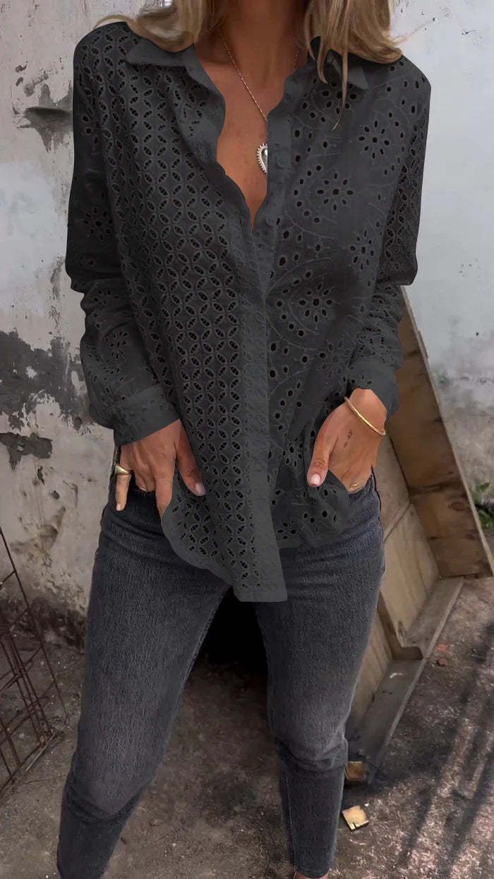Ladies' Shirts Spring And Summer Hollow Printing Loose Button Grid Fashion Tops Women's Shirts_ecoleips.com