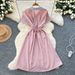 Casual Short Sleeved Patchwork Dress For Women In Summer With Drawstring Waist Design And Slim Fit Mid Length Shirt Skirt_ecoleips.com