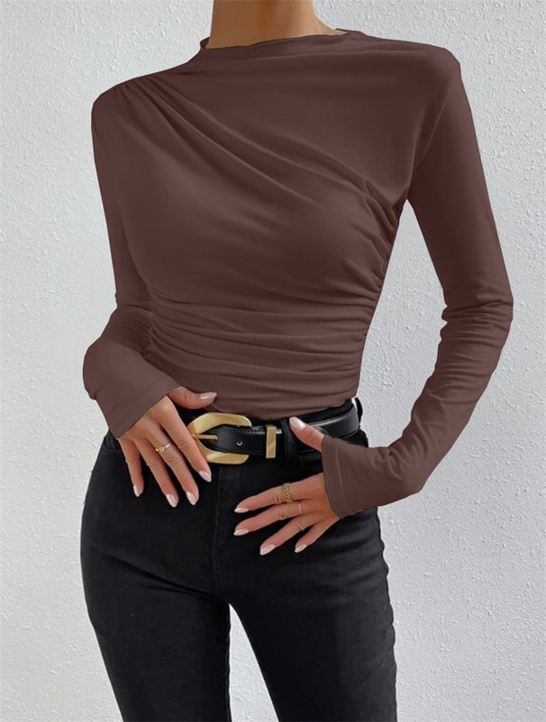 Women's Ruffle Detail Long Sleeve T-Shirt Slim Fit Solid Color Basic Top for Layering_ecoleips.com