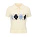 Women's Preppy Short Sleeve Cropped Sweater French- Inspired Argyle Polo Knit Top with Collar Detail_ecoleips.com