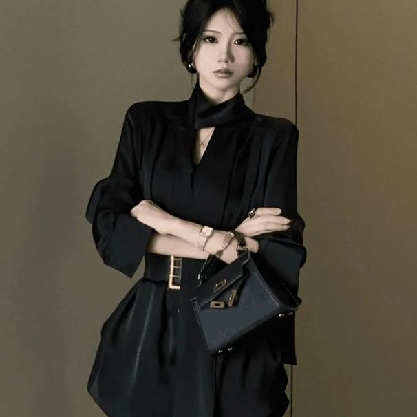 French-style Socialite 2025 Black Dress Design, New High-end Satin Shirt For Women With Ribbons, Fashionable And_ecoleips.com