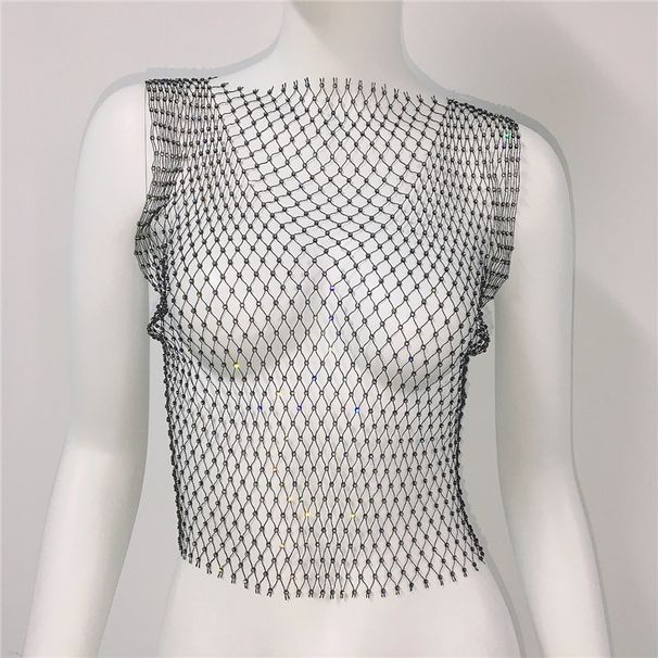 New Sexy Mesh Crop Tops For Women Summer Rhinestones Fashion Party Club See Through Fishnet Tank Hollow Out Backless Top_ecoleips.com