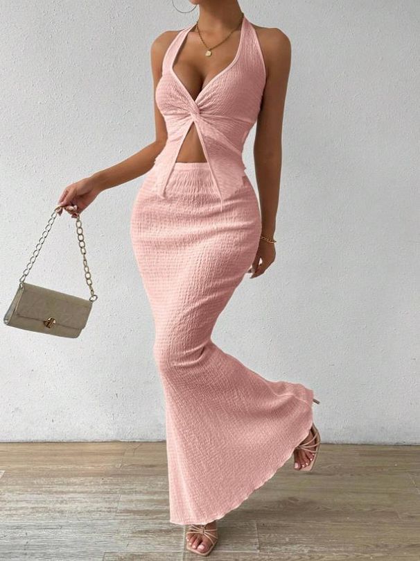 European And AmericanSheep Horn Women's Summer Solid Color Twist Front Halter Neck Crop Top And Fishtail Midi Skirt Elegant Two Piece_ecoleips.com