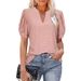 Breathable V-Neck Bubble Sleeve Top With Lace-Up Detail - Lightweight Loose Fit T-Shirt For Women Comfortable Loose Fit_ecoleips.com