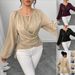 Elegant Beaded Wrap V-Neck Blouse for Women Crisscross Ruffle Detail Long Sleeves Flattering Design_ecoleips.com