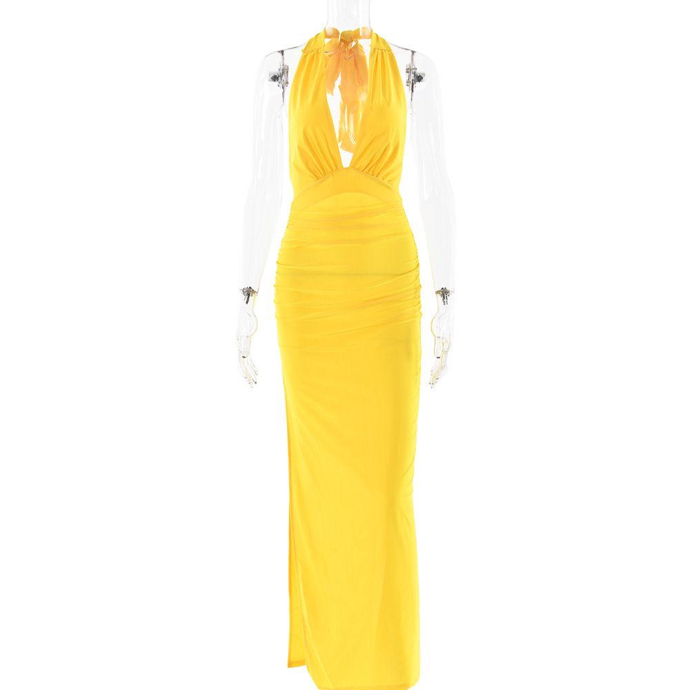 Women’s Clothing Ins Style Summer New Sexy V Neck Halter Neck Backless Long Skirt Solid Color Slit Dress_ecoleips.com