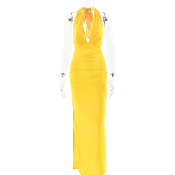 Women’s Clothing Ins Style Summer New Sexy V Neck Halter Neck Backless Long Skirt Solid Color Slit Dress_ecoleips.com