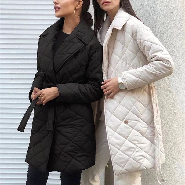 Women's Clothing Stylish Lapel Mid-Length Belted Cotton Coat With Diamond Pattern For Autumn Winter - Available In White, Khaki, Pink, Black, Brown_ecoleips.com