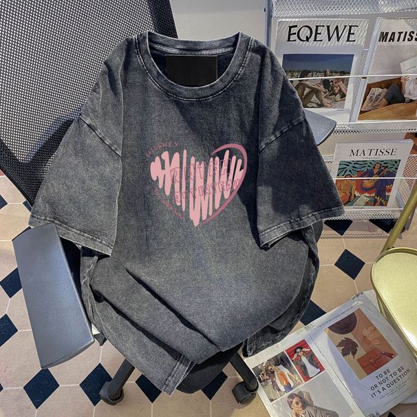 2024 Summer New 230g Short Sleeve T-Shirt For Women, Washed Vintage Design, Printed Student Wear, Loose Mid-Length Style_ecoleips.com