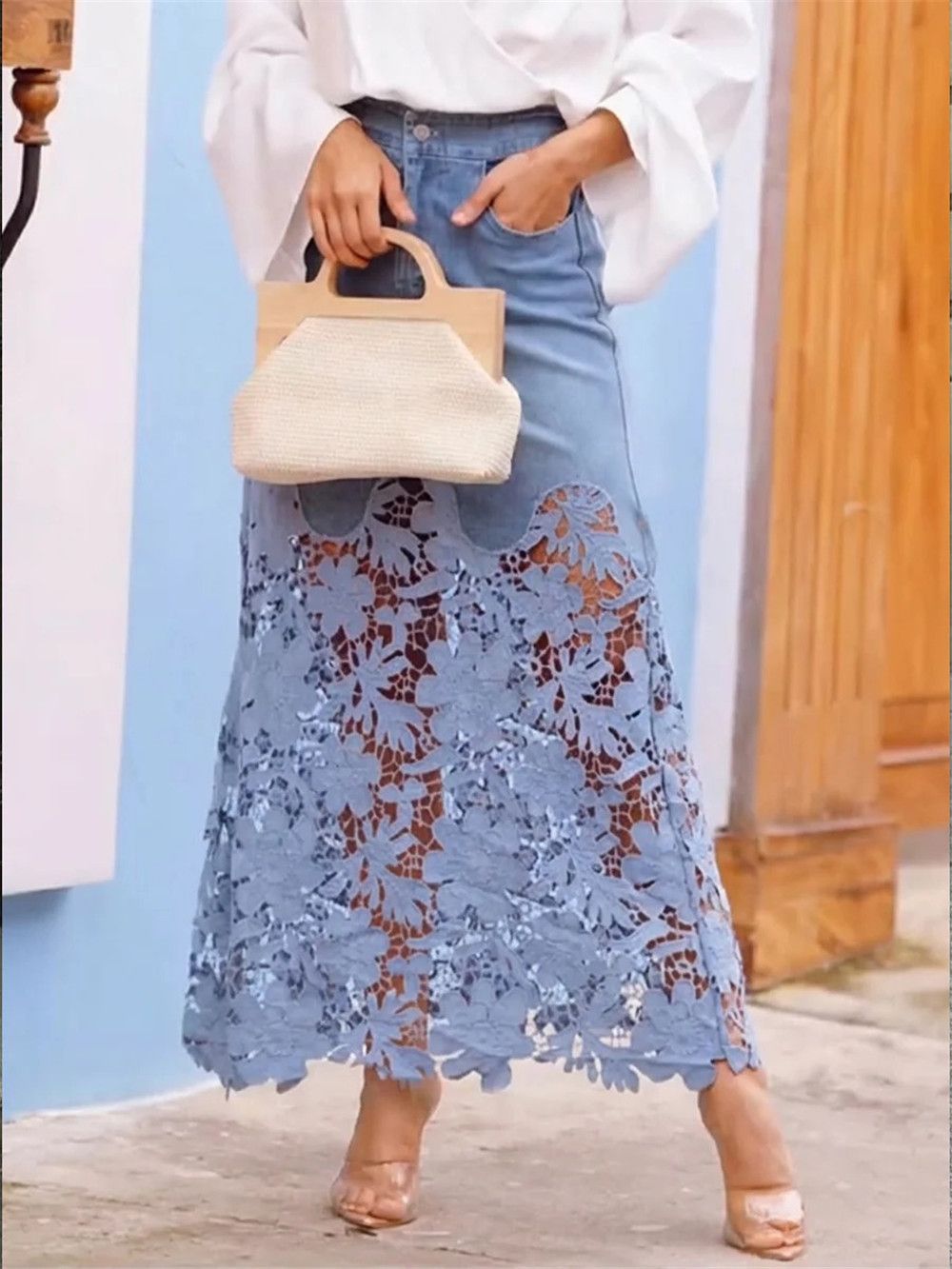 Women's Clothing Women's High-Waisted Denim Skirt Lace Patchwork Midi Skirt For Summer For Formal & Casual For Women_ecoleips.com