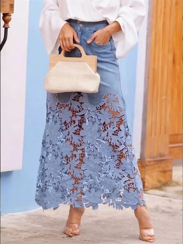 Women's Clothing Women's High-Waisted Denim Skirt Lace Patchwork Midi Skirt For Summer For Formal & Casual For Women_ecoleips.com