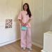 Snoryin Women's Linen-Blend Casual Set Relaxed Short Sleeve Tee And Wide Leg Pants Outfit In Olive Khaki Navy Pink_ecoleips.com