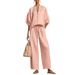 Summer Women's Wide Leg Pants Set Casual Loose Solid Color Zipper Round Neck Top With Wide Leg Pants Clothing Suit_ecoleips.com