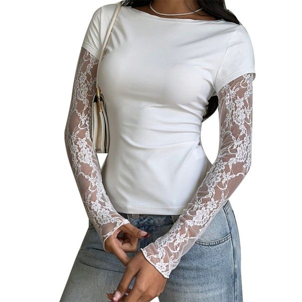 Women's Slim Fit Long Sleeve T-Shirt Lace Detail Blouse Sheer Panel Design Top_ecoleips.com