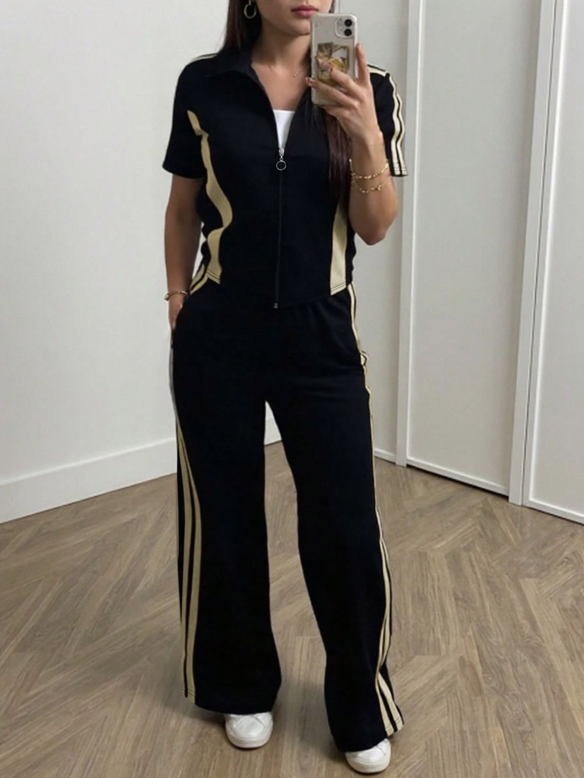 Women's Commuter Casual Two Piece Set Zippered Short Sleeve Top Elastic Waist Straight Leg Pants With Pocket_ecoleips.com