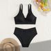 Women's Sexy Ribbed Deep V Solid Color Bikini Two Piece Swimsuit Trendy Beachwear for Ladies_ecoleips.com