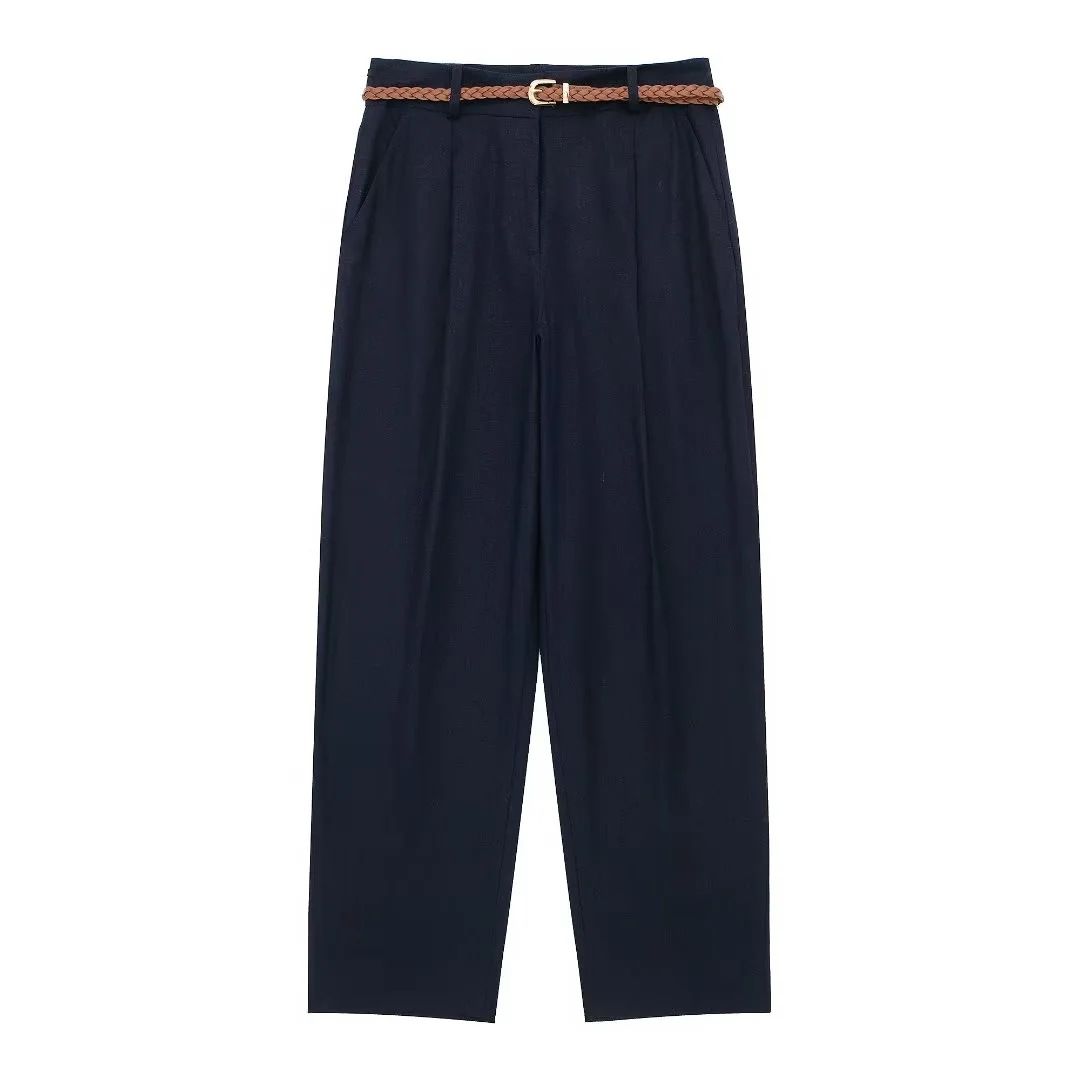Suitable For All Seasons 2024 Summer New Women's Casual Versatile High-Waisted Linen Blend Belted Straight-Leg Pants_ecoleips.com
