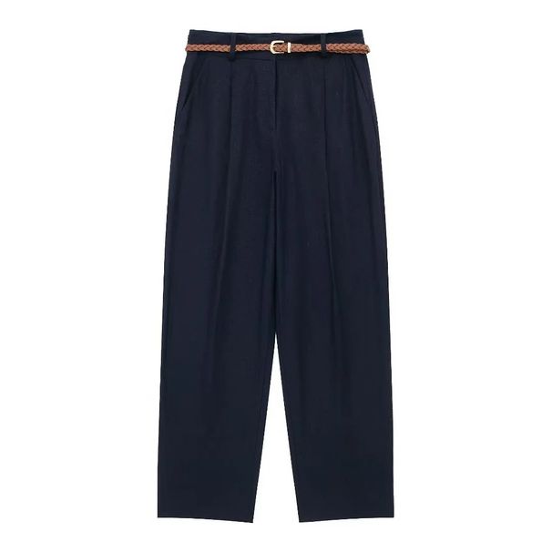 Suitable For All Seasons 2024 Summer New Women's Casual Versatile High-Waisted Linen Blend Belted Straight-Leg Pants_ecoleips.com