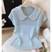 Women's French Style Knitted Top Soft Peter Pan Collar Hollow Design Short Sleeved Slimming Elegant Fashion Summer 2026_ecoleips.com