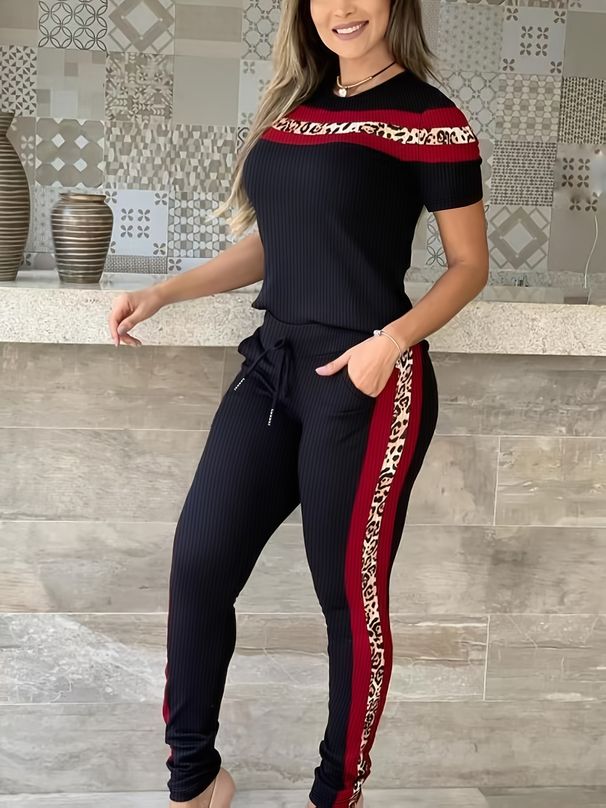 Women's Casual Printed Top And Pants Set Short Sleeve High Waisted Drawstring Straight Leg Spring Summer Versatile Outfit_ecoleips.com
