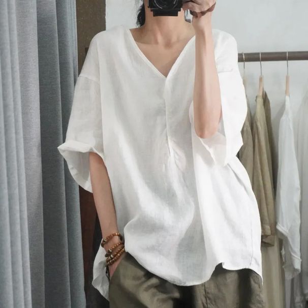 Summer New Half-sleeved Casual Loose Large Size Meat Covering Comfortable V-neck Top Short-sleeved T-shirt Solid Color High-end Women's Clothing_ecoleips.com