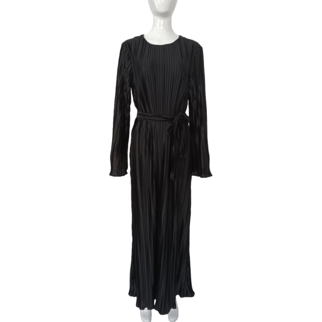 Women's Solid Color Round Neck Flared Long Sleeve Pleated Flowy Maxi Dress – Casual Spring Fall Gown 2026_ecoleips.com